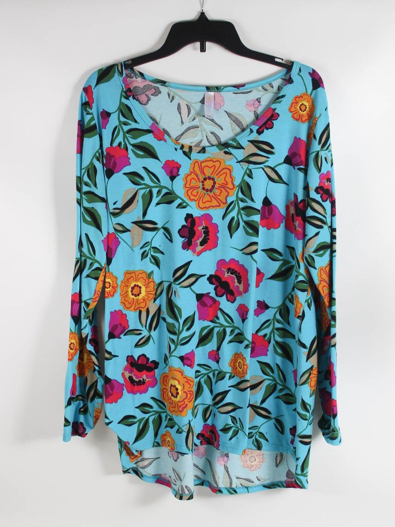 Lularoe Lynnae Top 2xl Blue Floral High Low Hem Long Sleeve Stretch Tunic